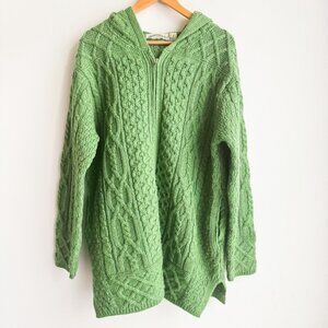 Aran Crafts Green Chunky Cableknit Zip up Cardigan w Hood  100% Wool L